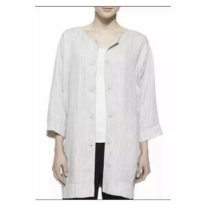 Eileen Fisher Cream Organic Linen Button Front Longline Jacket Sz.M